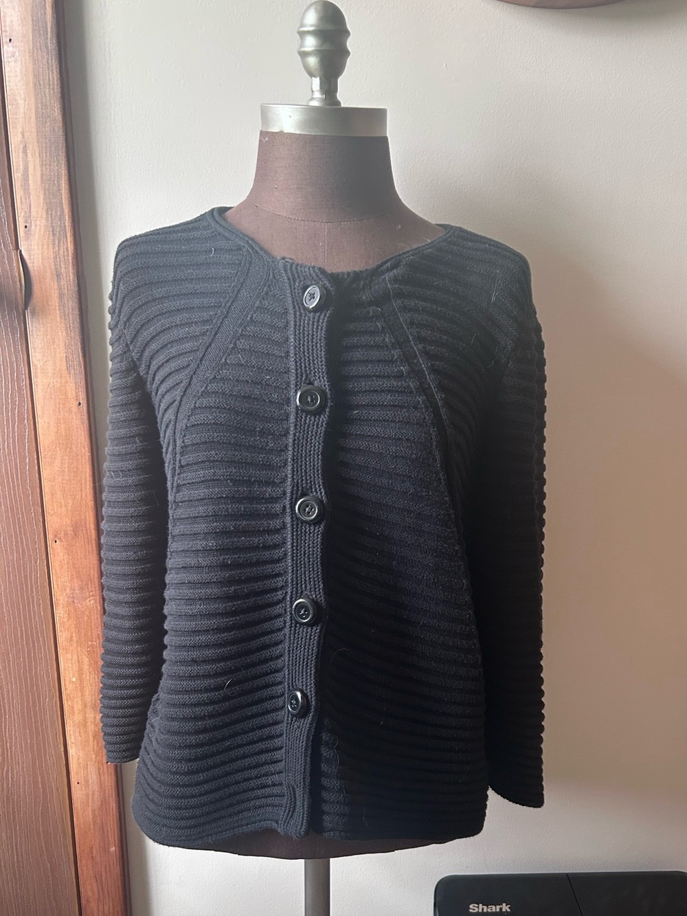 Anne Klein Black Ribbed Button-Front Cardigan